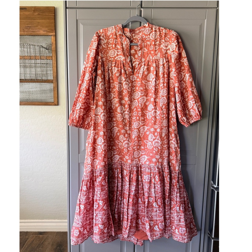 Cleobella Womens Sara Boho Floral Woodblock Midi Dress,Terracotta,L (NWOT)